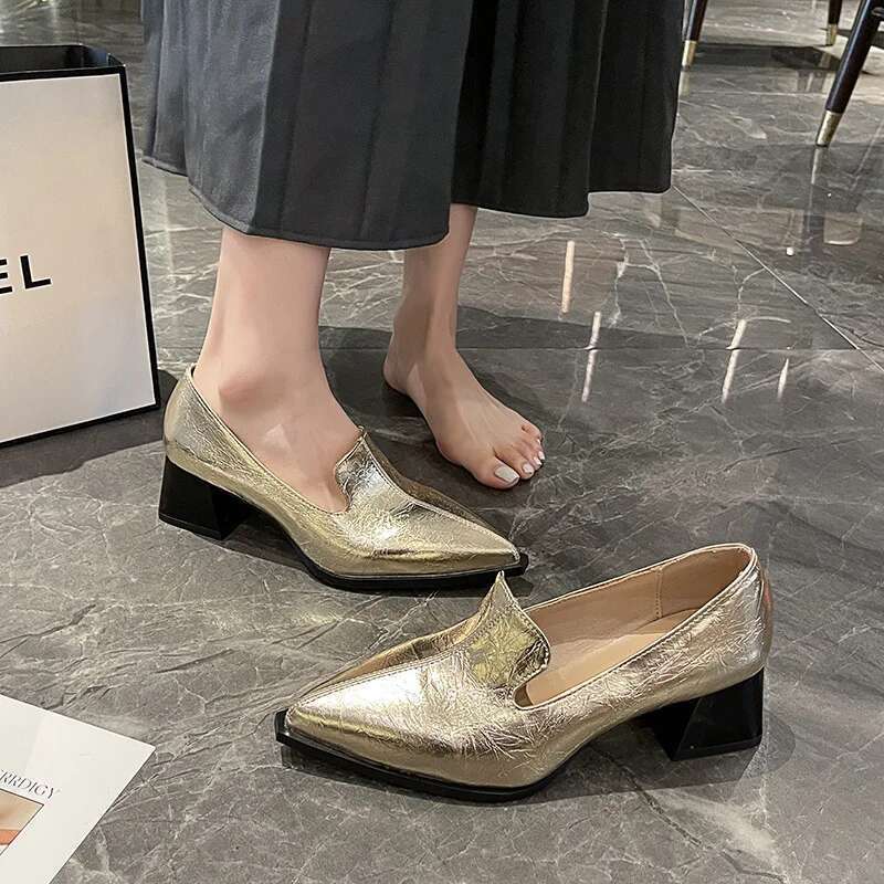Women Mid-heeled Loafers Fashion Casual Office Shallow Solid Color Elegant Dress Pumps 2025 New Trendy Pointed Toe Leather Shoes