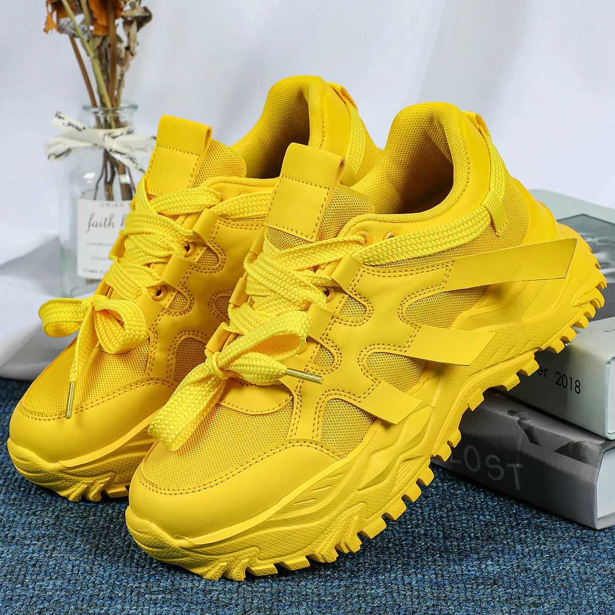 Yellow womens shoes Fi luxury origin platform short and fat casual sports shoes autumn sports tennis womens shoes plus sizeXJ250324