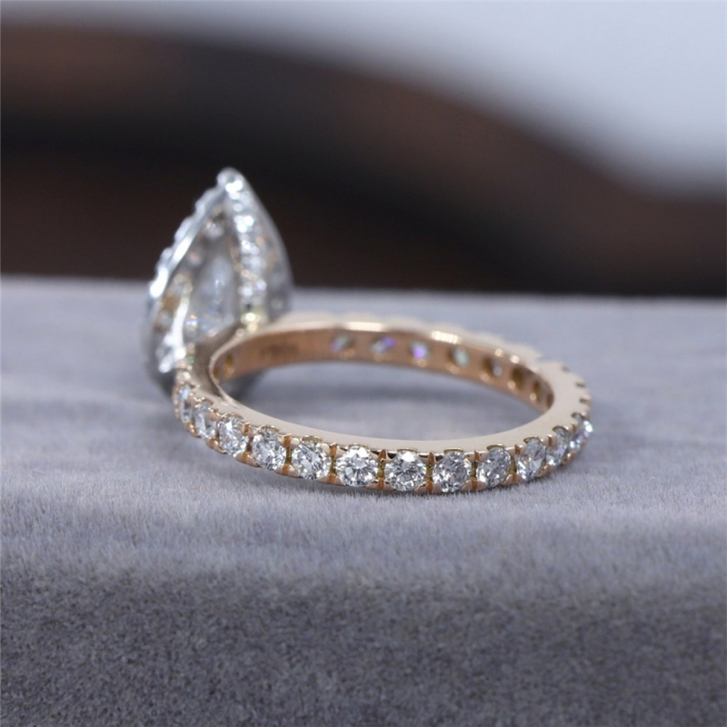 Jewelry 0.70 Carat Pear Cut Lab Diamond Halo Two Tones Fashion Style Engagement Solid Gold Ring For Women 18K 14K Real Gold