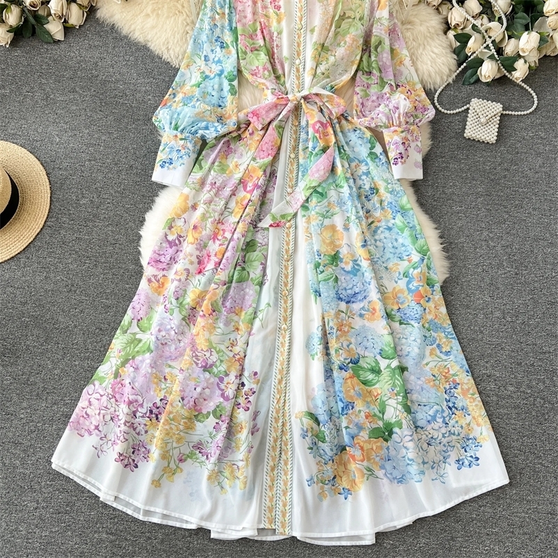 Vintage Elegant Flower Print Loose Long Sleeve Maxi Dress Shirt Women Single Breasted Fashion A Line Style Midi Vestidos 250322