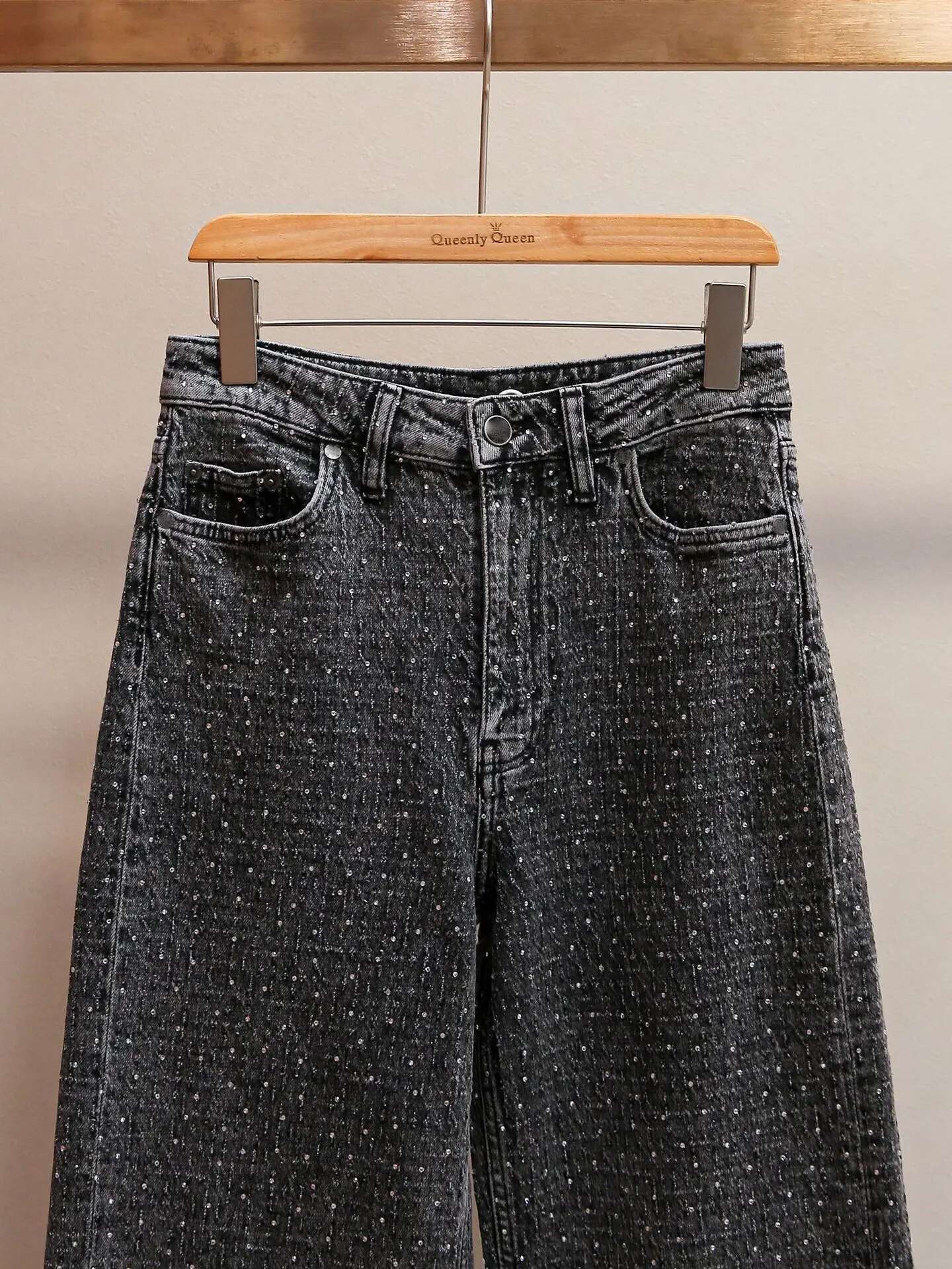 Spring 2025 New Ladies Dark Grey Hot Rhie Decoration Jeans Versatile