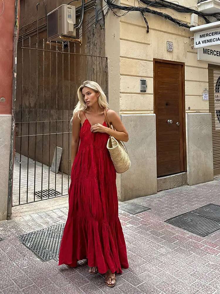 Elegant Suspender Maxi Women Sexy Summer Pleated Sg Beach Dress Female Backless V-Neck Vacation Evening Long Vestidos