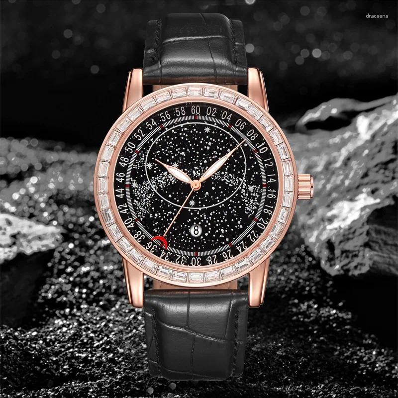 Wristwatches PINTIME Original Men's Automatic Date Watch Fashion Business Leather Strap Luxury Diamond Starry Sky Stars Moon Men Casual