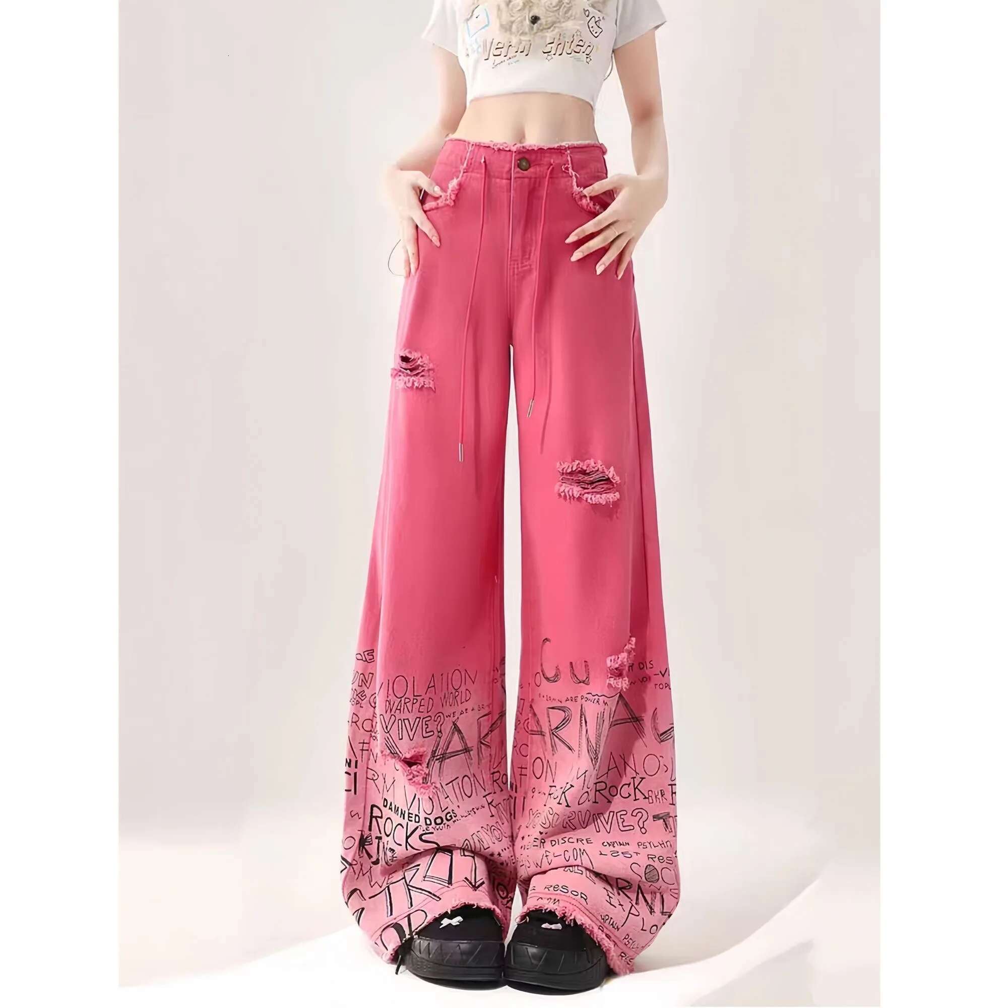 Pink Haruku Ripped Baggy Y2k With Wide Legs High Waist Mopping The Or Cargo Pants Fashion Slouche Women Jeans