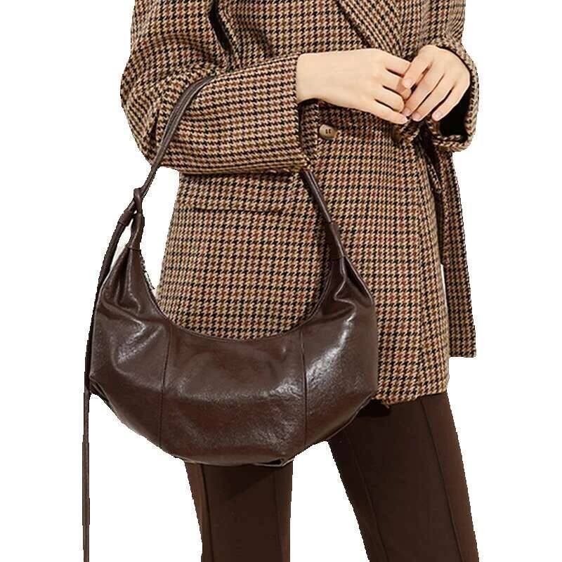 Hifashon Cowhide Genuine Leather Half Moon Shoulder Bags For Women 2025 Designer Crossbody Hobos Crescent Ladies Handbags