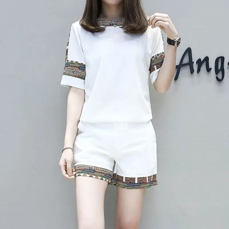 Womens casual cotton set 2024 summer fashion high waist short sleeved crop top wide leg shorts 2piece for women 250322