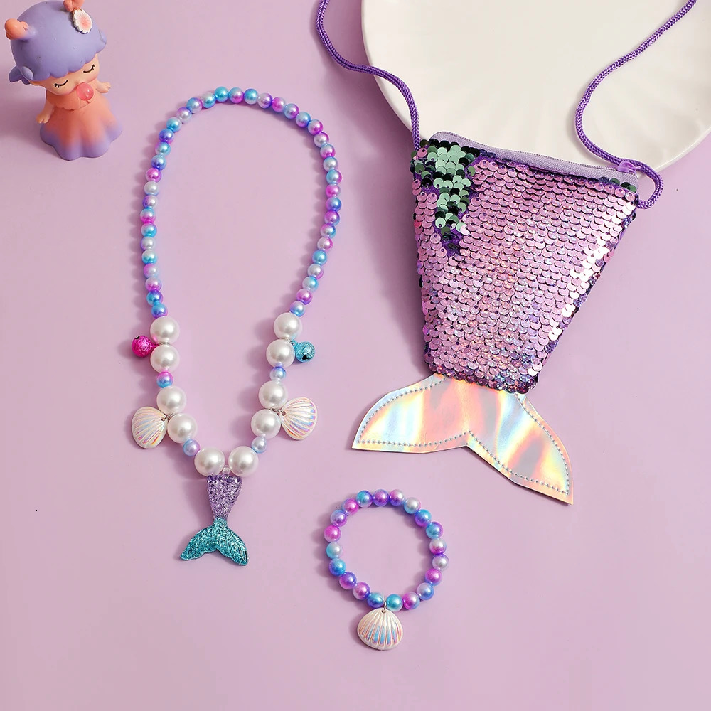 Cute and shiny fish tail pearl bracelet necklace with cross shaped bag for girls Kawai combination set birthday gift 250322