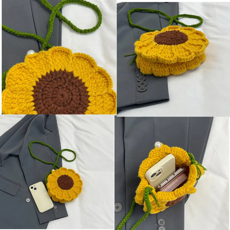 Fashion Sunflower Pattern Womens Mini Knitted Handbag Womens Shopping Bag Wallet Cute Chain Shoulder Cross Body Bag 250320