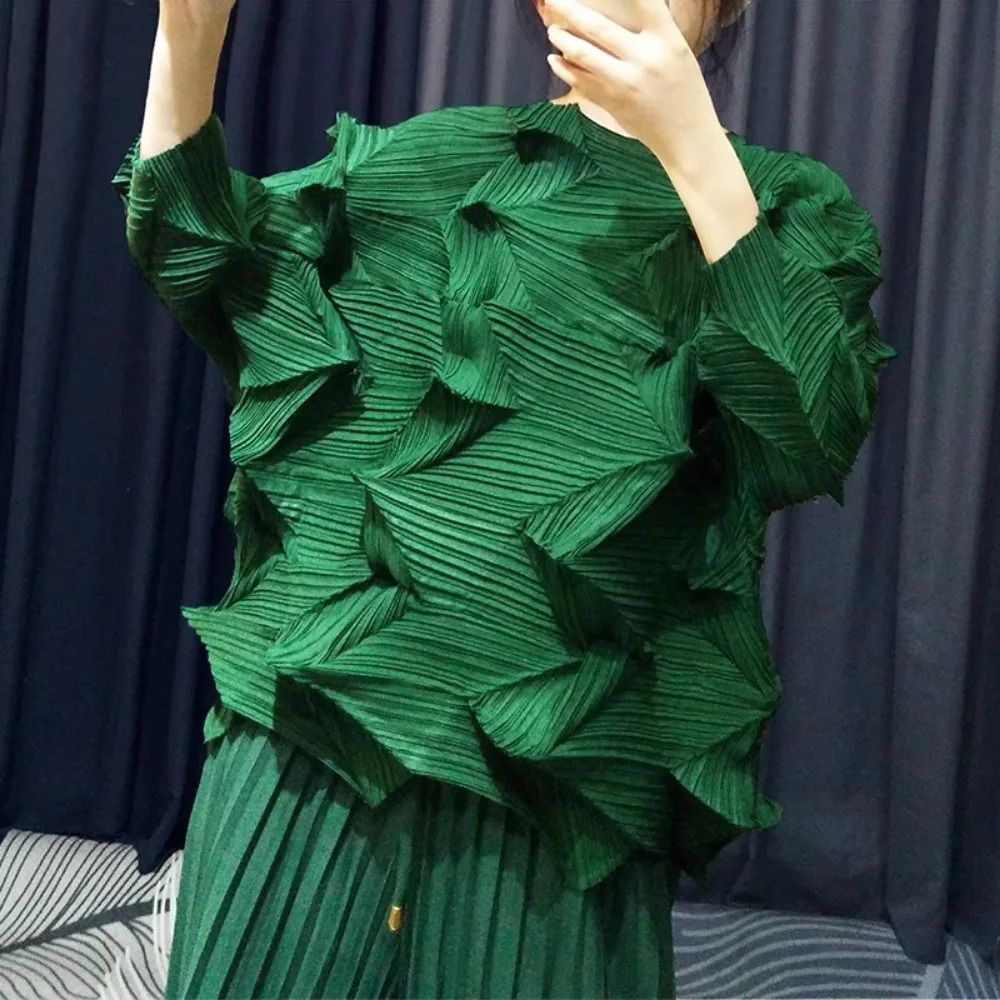 Miyake pleated Tshirt casual folding top 2025 summer round neck irregular plus loose womens clothing 250324