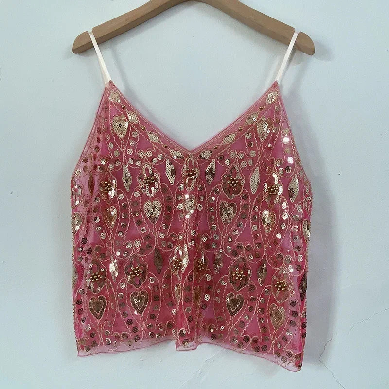 Bling Sequined Tanks Tops Women Sexy Bead Work Mesh Tops Women Pink Sequined Tanks Femme Gold Tops 250324