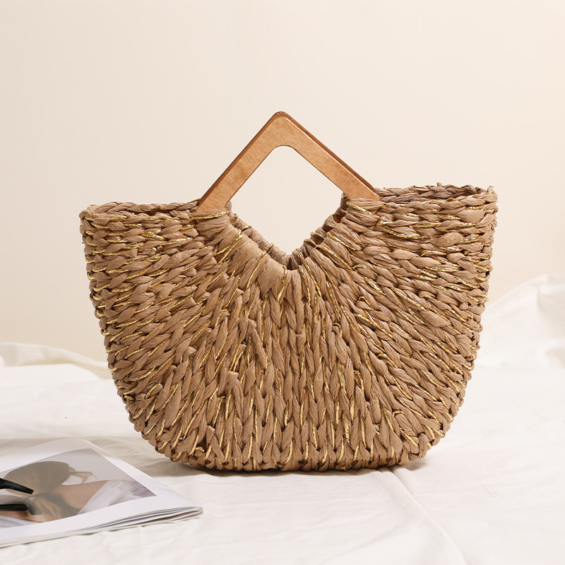 2025S Fashion Designer Diamond Shaped Wooden Semi Circular New Gold Wire Mixed Hand Held Woven Vacation Beach Bag Versatile Women S Bag