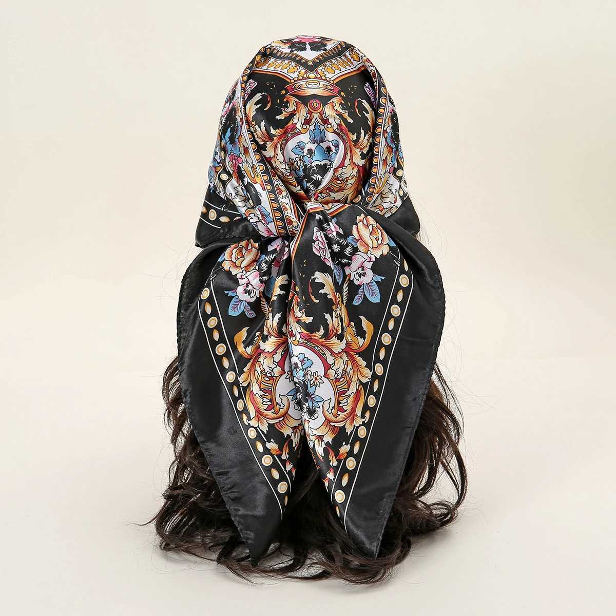 Floral print dyed silk headscarf outdoor square scarf Muslim ribbon Popar 2024 Kerchief soft summer foard scarf X250324