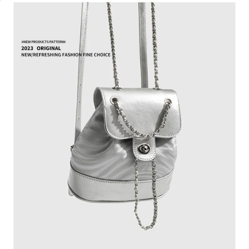 Womens Silver Backpack Summer Korean Niche Water Ripple Versatile Chain School Bag 250318