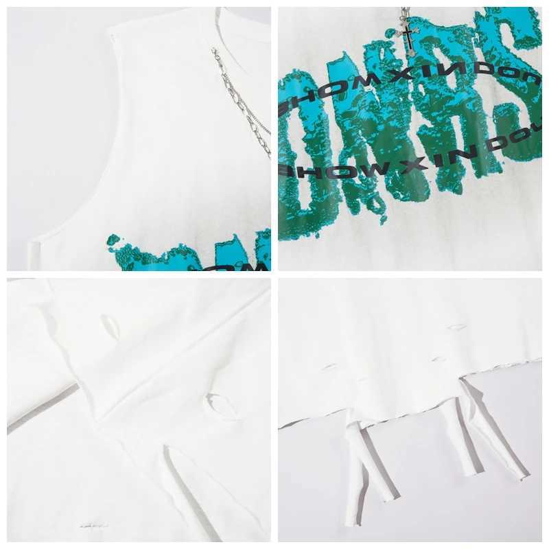 2024 Summer Cross Necklace Sleeveless T-shirt Y2k European and American Street Fashion Vest Mens Washing Distressed Cut Printed Top X250324
