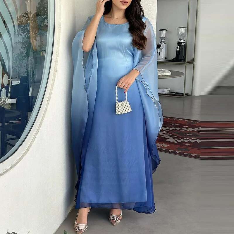 Gradient Printed Loose Women Banquet Elegant O-Neck Batwing Sleeve Long New 2024 Fashion Satin Slim Robe Dress Mujer