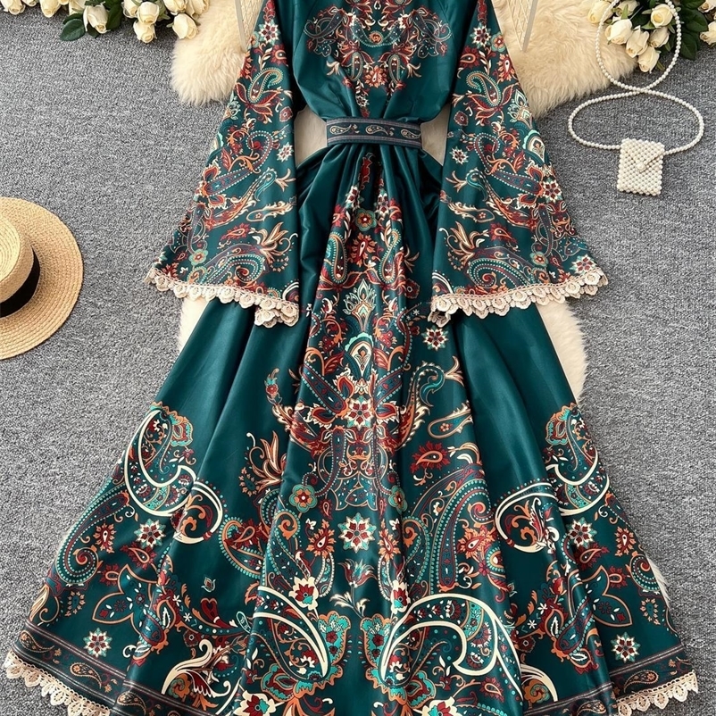 3XL 4XL Elegant Evening Floral Maxi Dresses Women Summer Autumn National Trench Flower Print Flare Full Sleeve Long Dress 250322