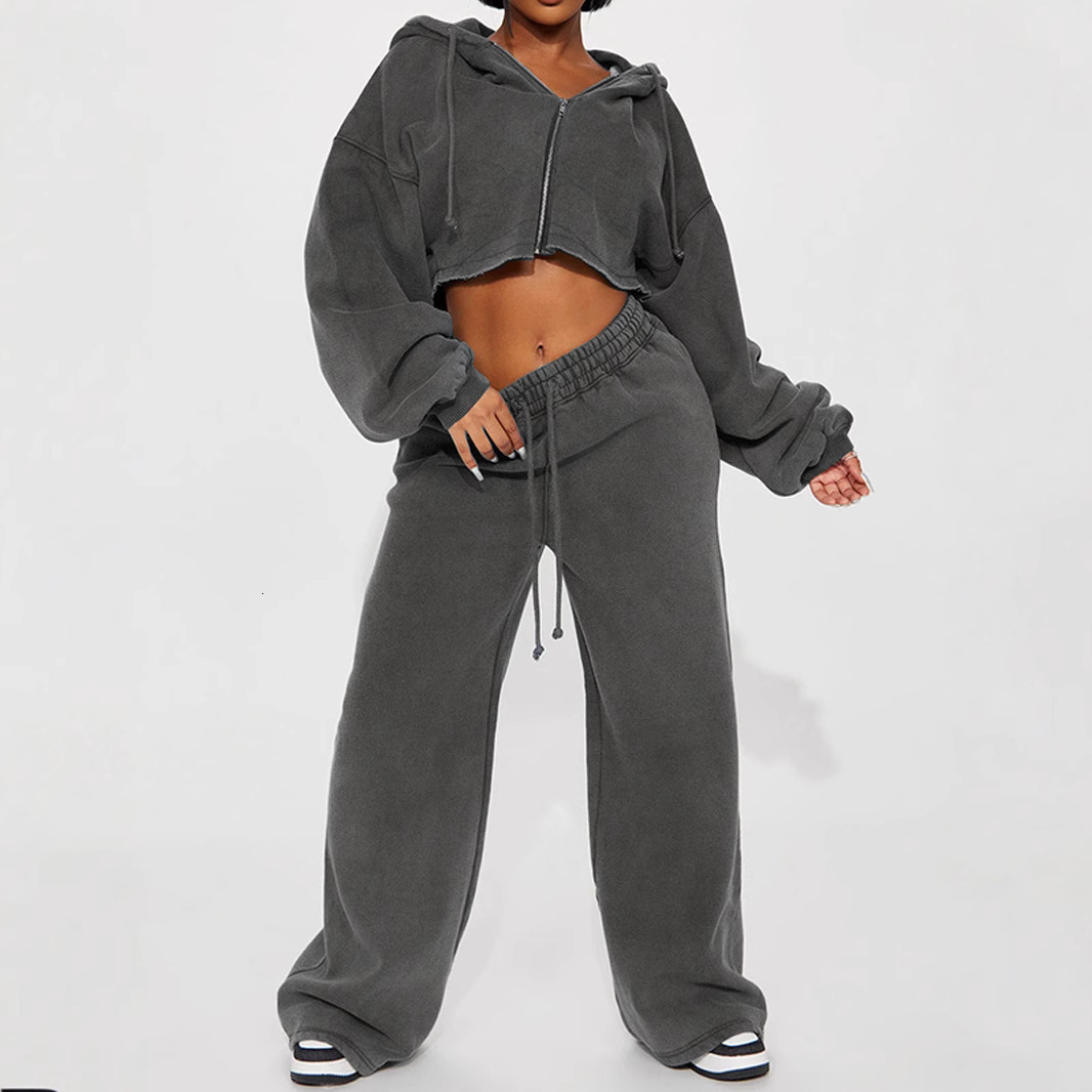 2024 autumn women's casual hooded front zipper sweatshirt wide leg loose pants set