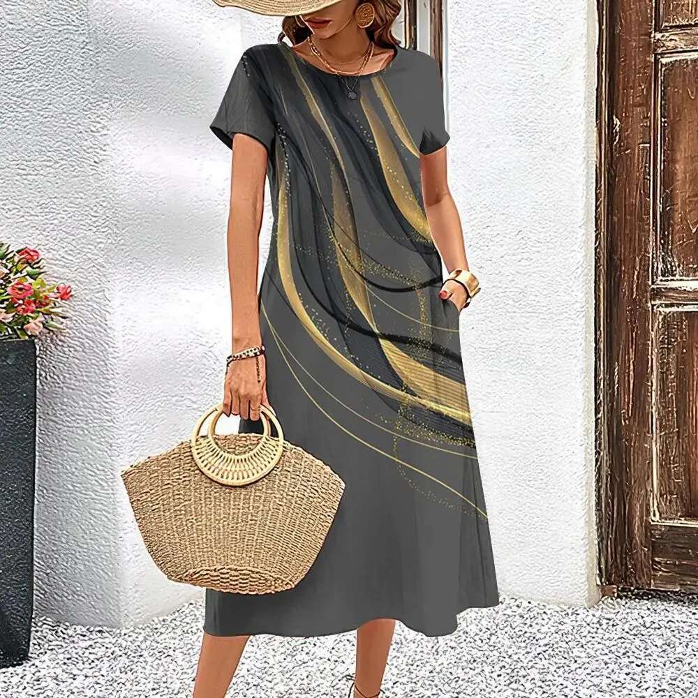 Elegant Women Dress Summer Short Sleeves Dresses Streaks Printed Woman Clothing Loose A-E Skirt Casual Round Collar Pullover