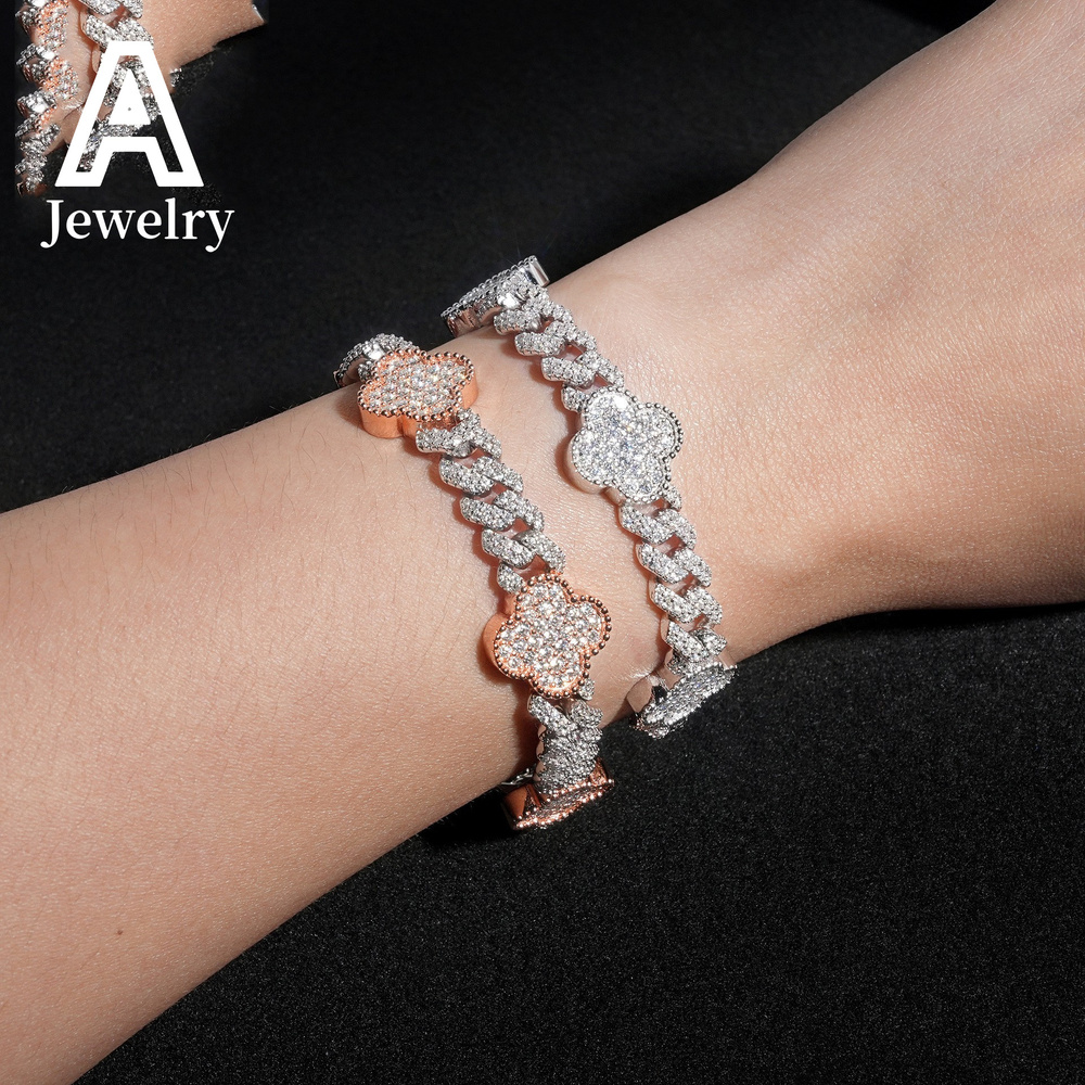 Full Iced Out Hip Hop Jewelry 8mm Moissanite Cuban Link Chains 925 Silver Four Leaf Clover Cuban Necklaces Bracelets