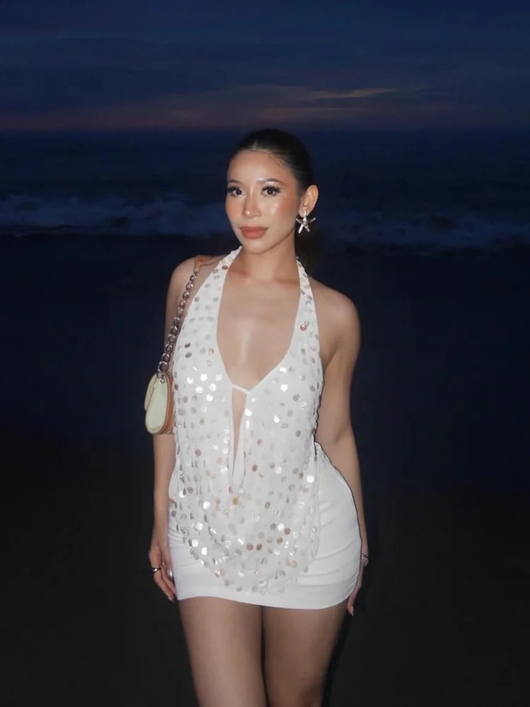 Elegant Women Sequins Patchwork Hollow Out Halter Tops Sexy V Neck Backless Sleeveelss Cropped Vest Summer Chic Lady Tank Top 250324