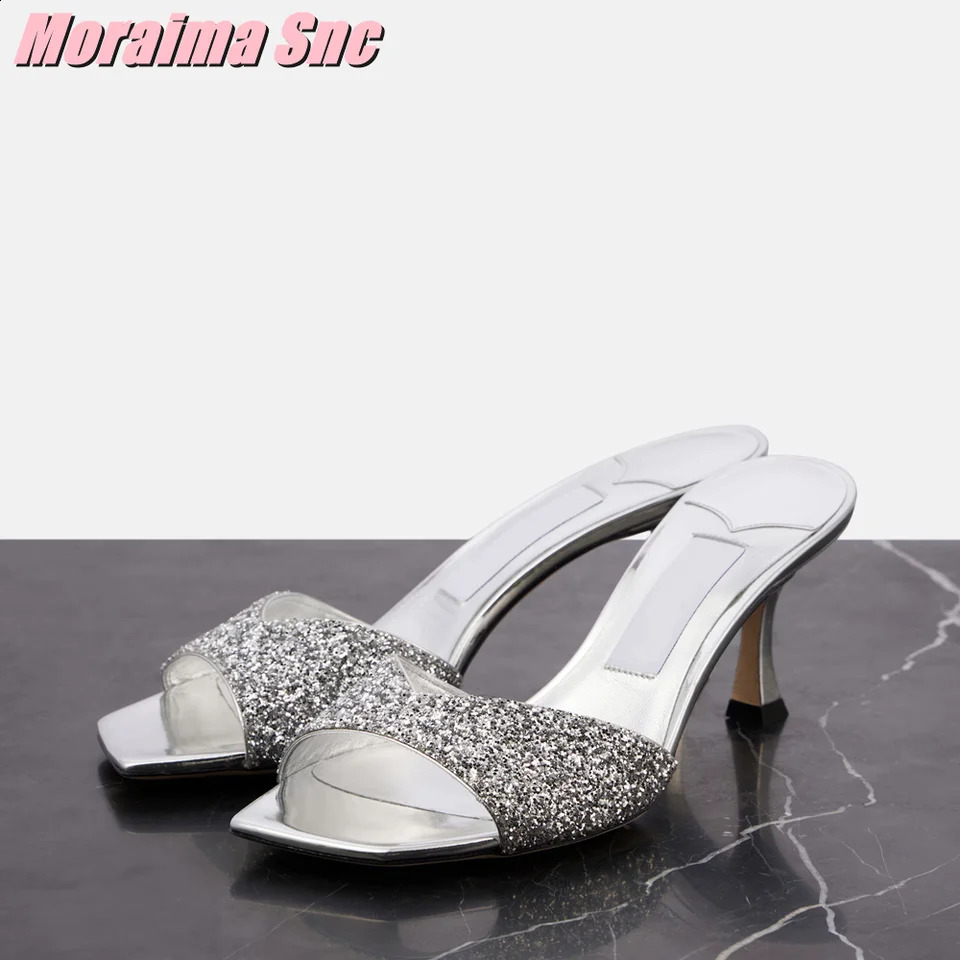 Crystal-embellished Satin Mules Square Toe Stiletto High Heel Slip On Sexy Fashion Womens Summer Slides Shoes Outdoor 250322