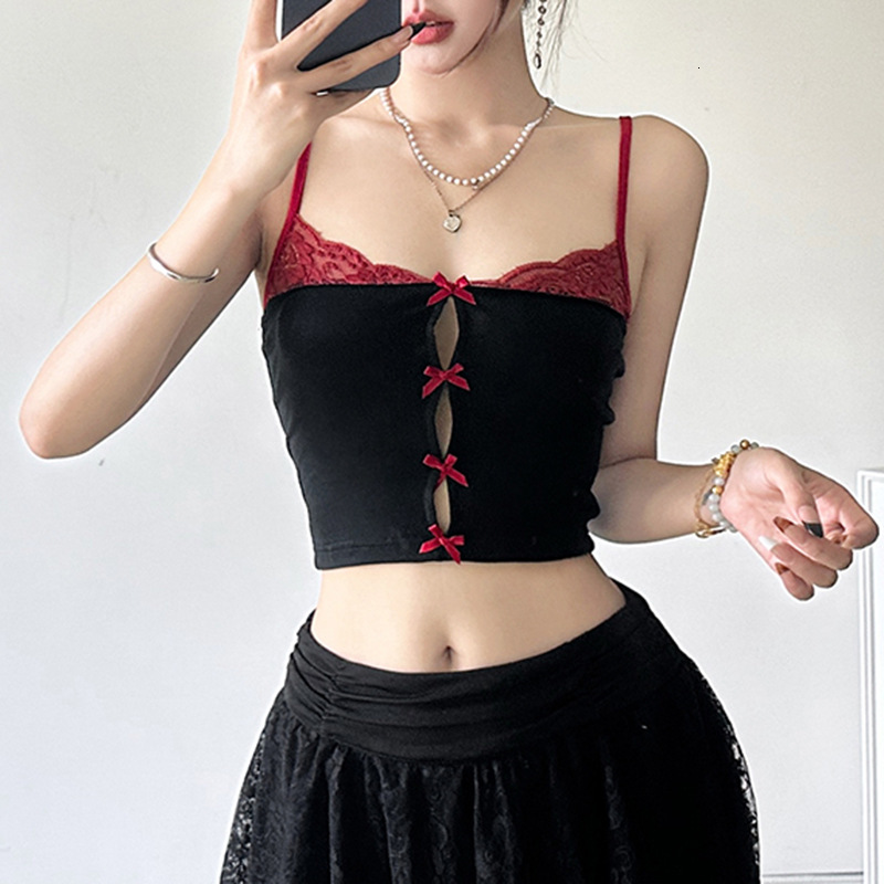 Sweet Spicy Sexy Hollow Waist And Exposed Navel Slimming Vest Pure Desire Style Lace Patchwork Bow Contrasting Suspender