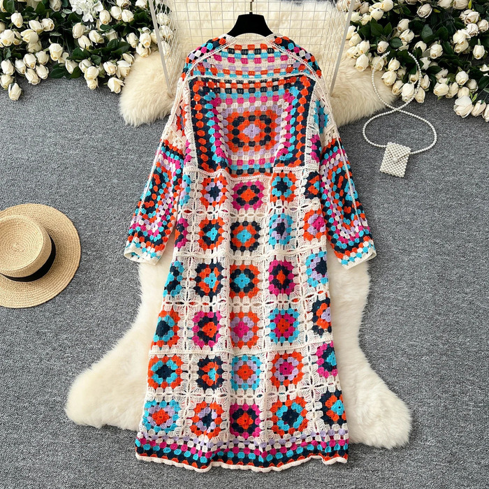 Basics Long Sleeves Vintage Hollow Out Hook Flower Chic Embroidered Knitted Cardigan Top Bohemian Vacation High Street Clothing 250317