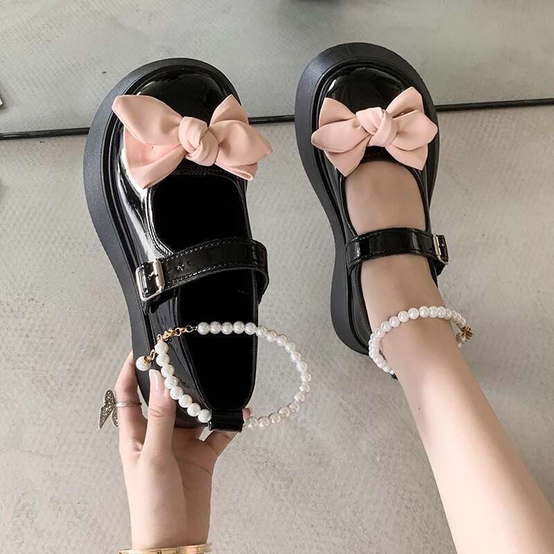 Spring Autumn Fashion New Beaded Round Toe Solid Color Casual and Comfortable Women's Banquet Bow Thick-soled Shoes
