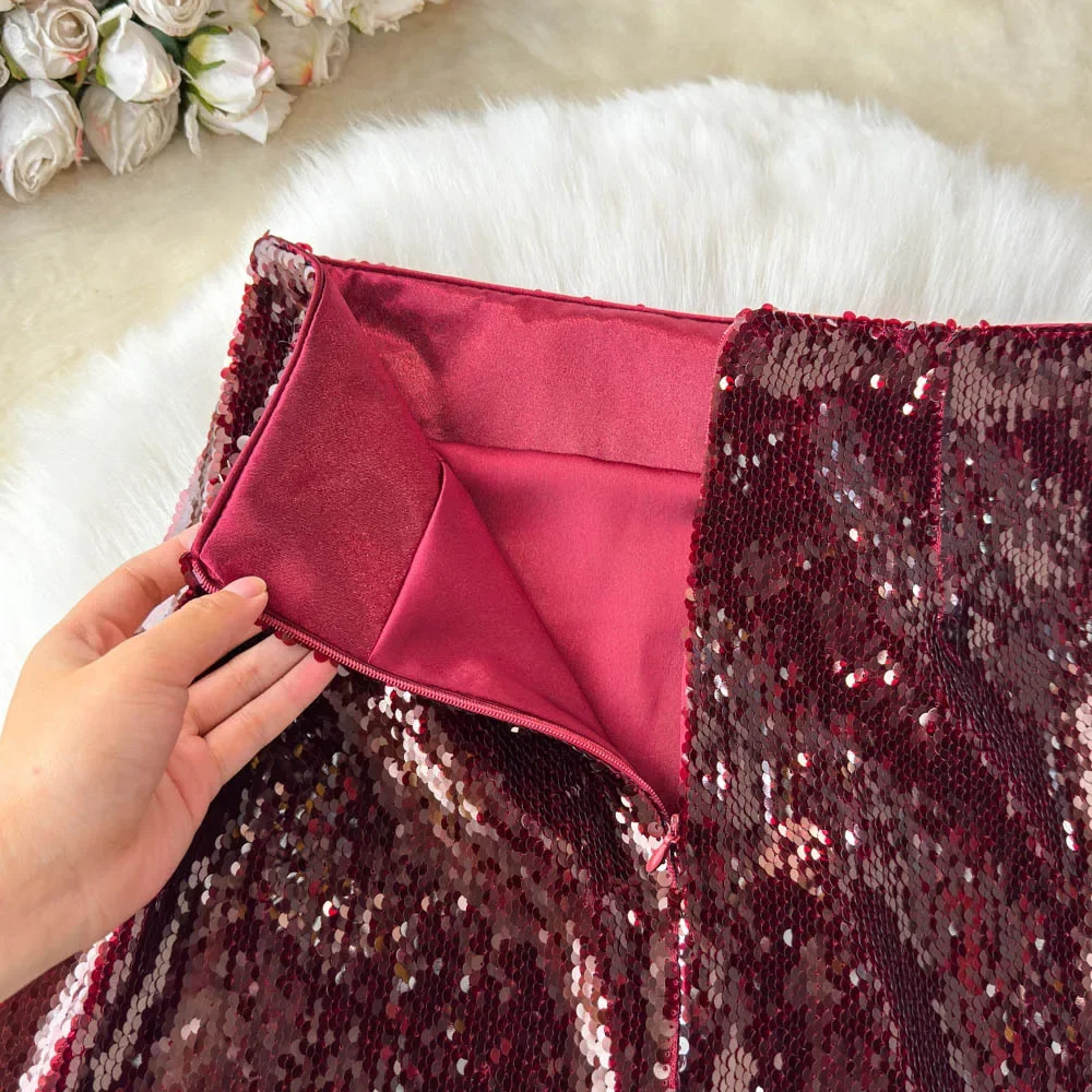sweet Vintage Glitter Sequins Elegant High Waist Chic Slim Pencil Skirt French Streetwear High Street Autumn Winter Clothing 250322