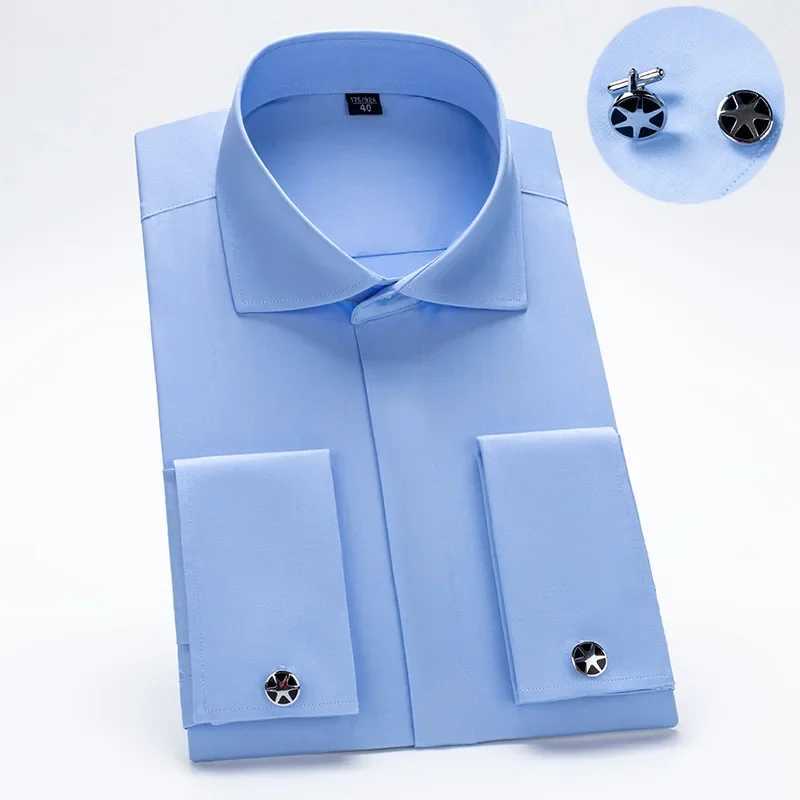 Windsor collar French cuffed dress fashionable mens long sleeved luxury business formal shirt covered button up cufflinks shirt X250324