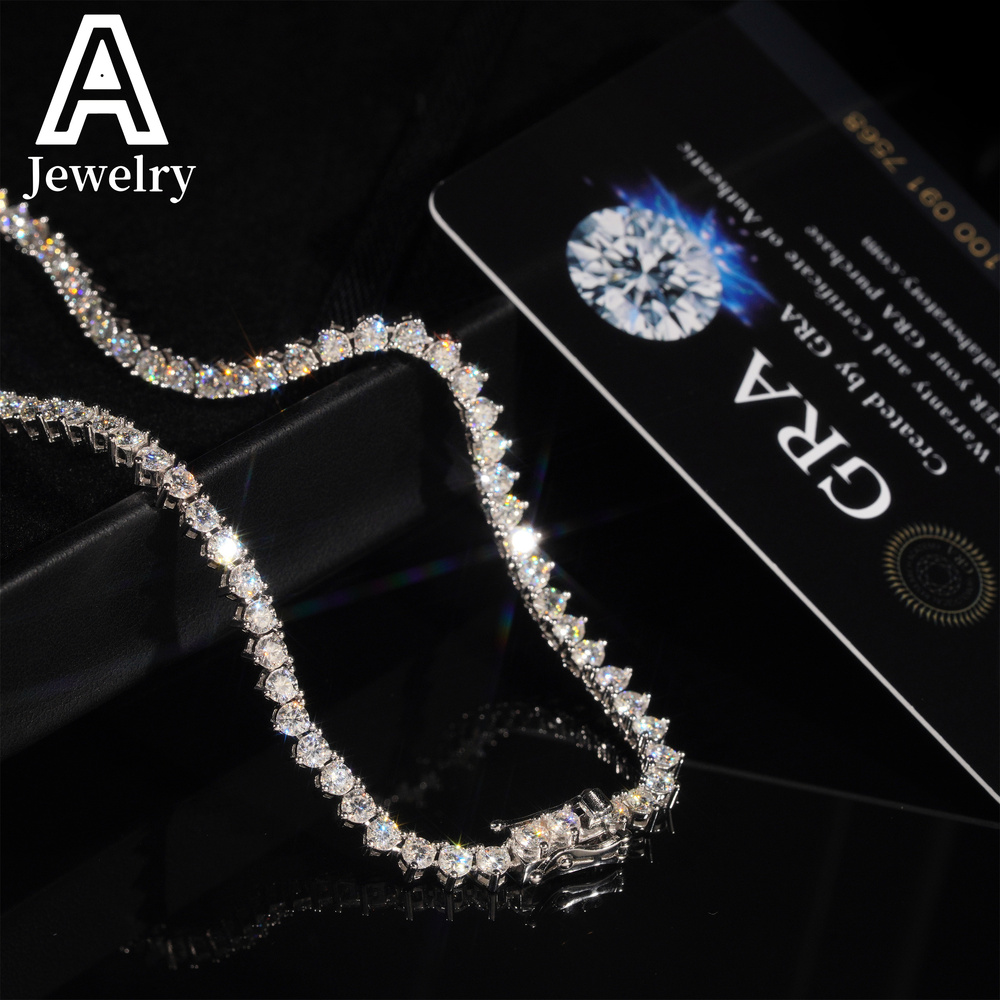 Stock Elegant Style Female 3 claws Prong Setting 925 Sterling Silver Hip Hop Jewelry Moissanite cluster Tennis Chain