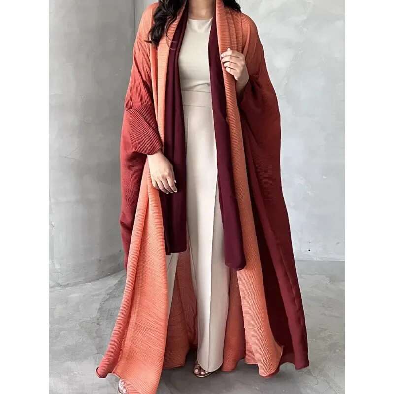Wrinkled Women's Windbreaker Jacket Bat Sleeve Scarf Collar, Gradient Long Robe Fashion Retro Coats And Jackets Women