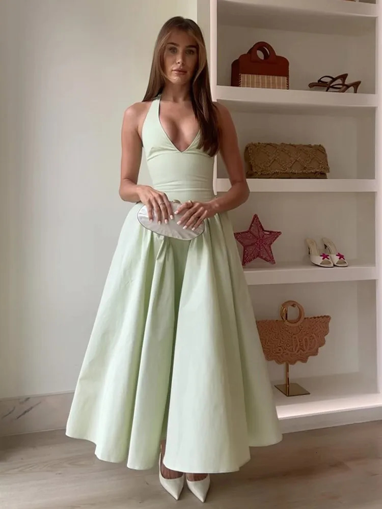 Summer Women Solid Halter Long Dress Sexy Deep V Neck Slim Fit High Waist Pleated Maxi Dress 2025 Lady Beach Party Vestidos 250322