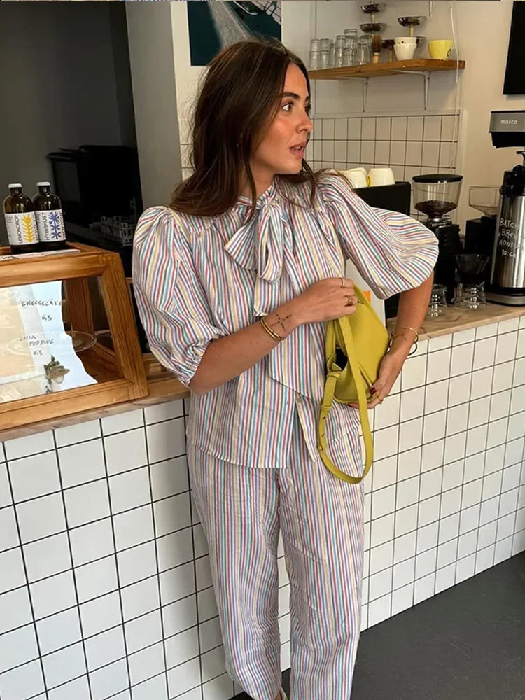 Vintage Women Colorful Stripe Lace Up Bow Shirt Pant Suit Chic Lantern Sleeve Straight Trousers Set Spring Vacation Lady Outfit 250324