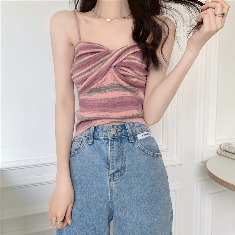 Colored Striped Design With A Sense Of Small Camisole For Wearing On Top Women's Spring Short Sexy Base Sweet And Spicy Inner Layer Top Trend