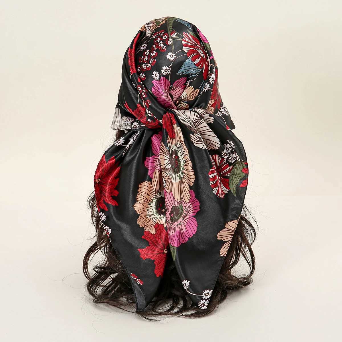 Floral print dyed silk headscarf outdoor square scarf Muslim ribbon Popar 2024 Kerchief soft summer foard scarf X250324