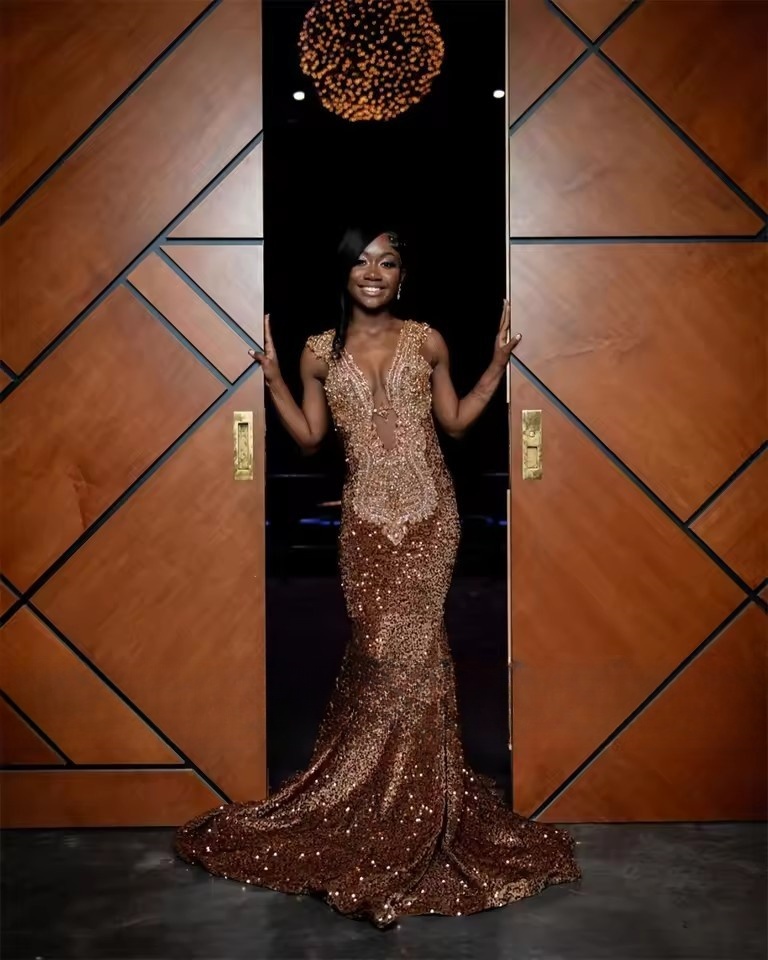 Chocolate Brown Mermaid African Prom Dresses for Black Girls Crystal Beaded Birthday Slay Queen Gown vestidos Customized