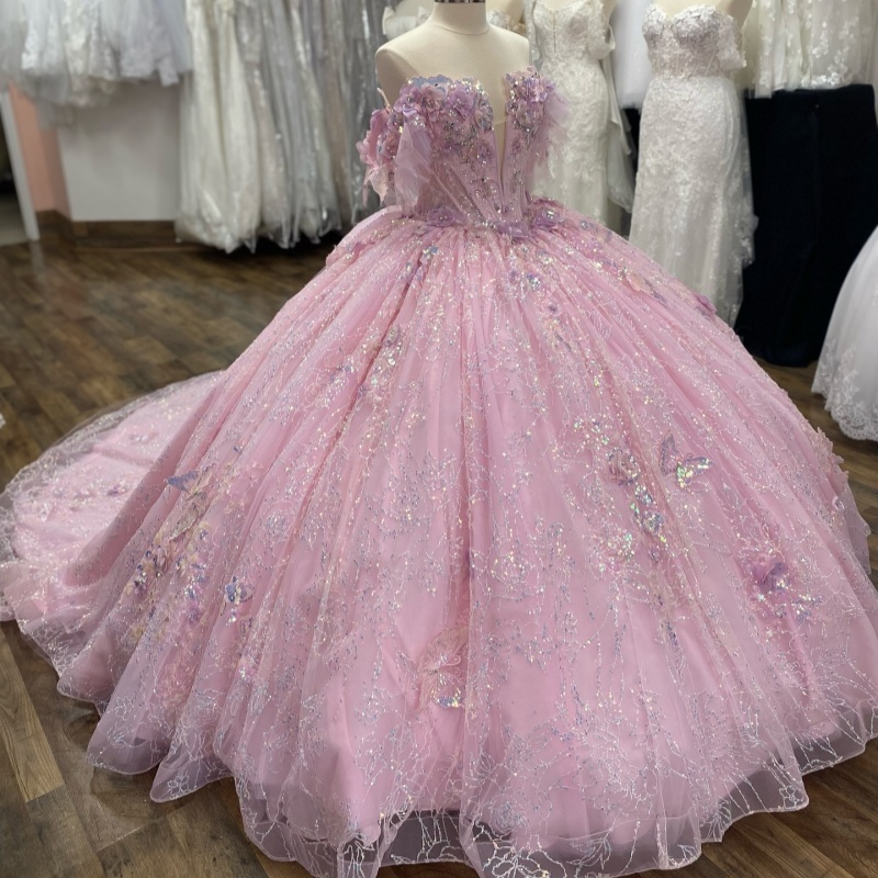 Pink Shiny Sweetheart Quinceanera Dresses Off The Shoulder Sequin Applique Lace Beads Bow Tulle Corset Vestidos De 15 Anos Sweet 16 Dress