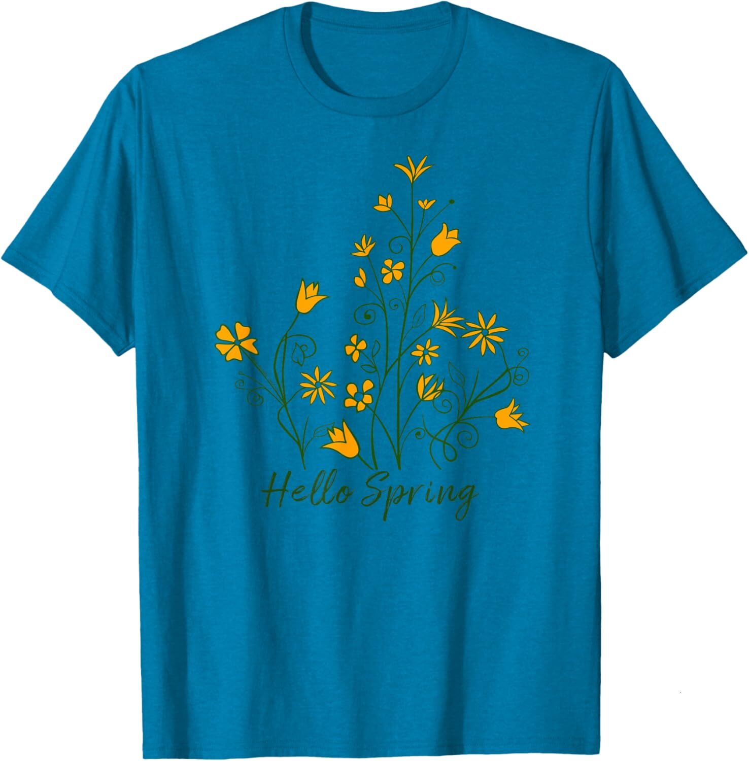 T shirt for Mens Pretty Springtime "Hello Spring" Yellow Flowers - Spring Graphic Tee Casual Tops Clothes Short sleeve