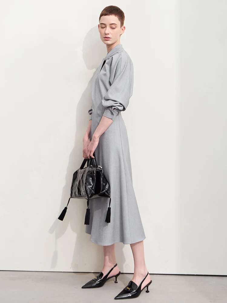 Amii Minimalism 2024 Autumn New Dresses Stand Collar Twist Pleat Waist Long-sleeve Office Lady Dress for Women 12453014