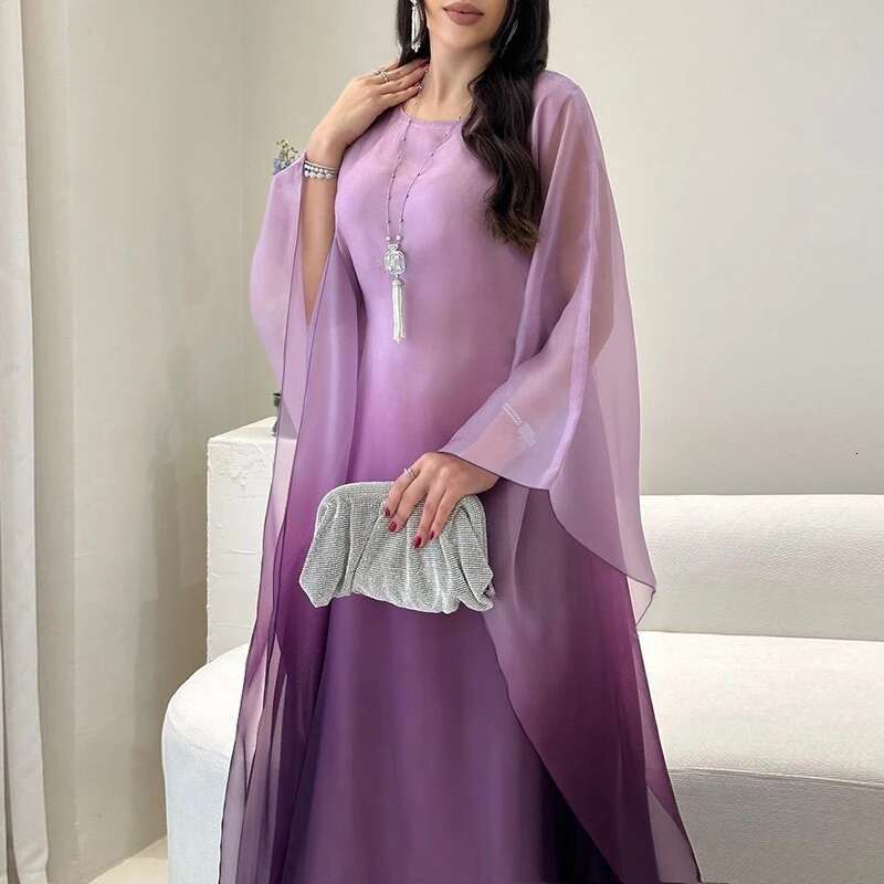 Gradient Printed Loose Women Banquet Elegant O-Neck Batwing Sleeve Long New 2024 Fashion Satin Slim Robe Dress Mujer