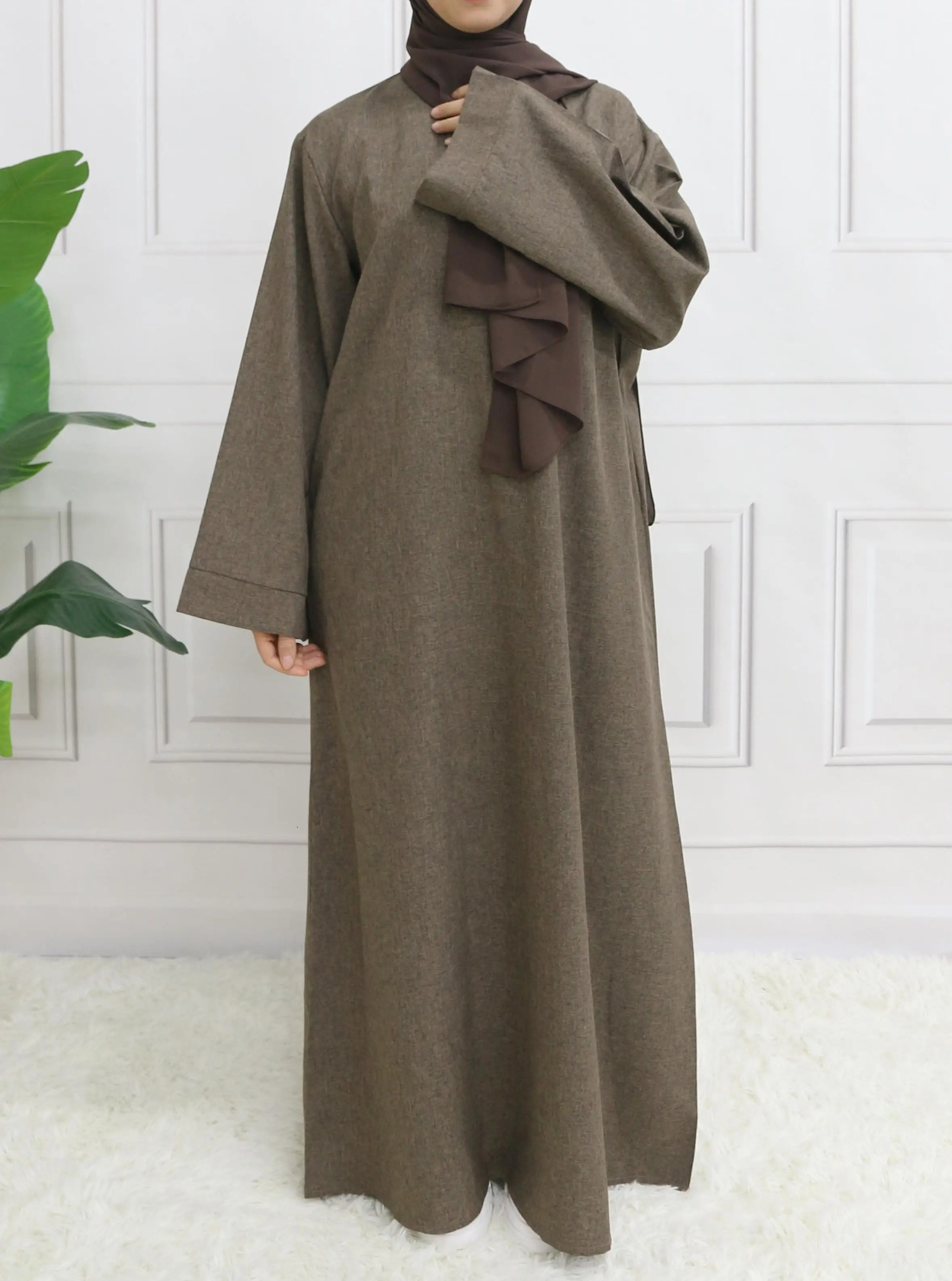 Modest Closed Plain Long Sleeve Abaya Without Hijab With Belt Basic Islamic Eid Clothes Dress 250324