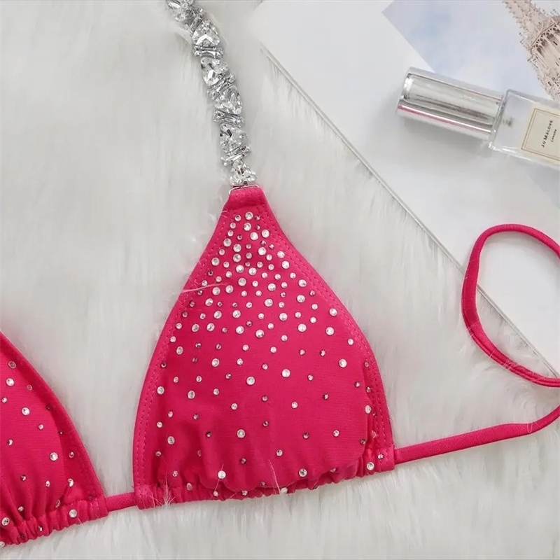 Push Up Bikini Female Bandeau Swimsuit Rhinestone Bikini Women Diamonds Pink Swimwear Brazilian Bathing Suit 250317