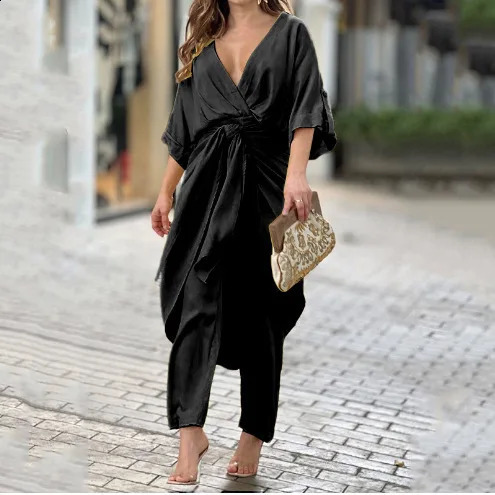 Summer Womens Fashionable Casual V-neck Lace Up Bat Sleeves Solid Color Straight Leg Pants Temperament Set Womens Wear 250324