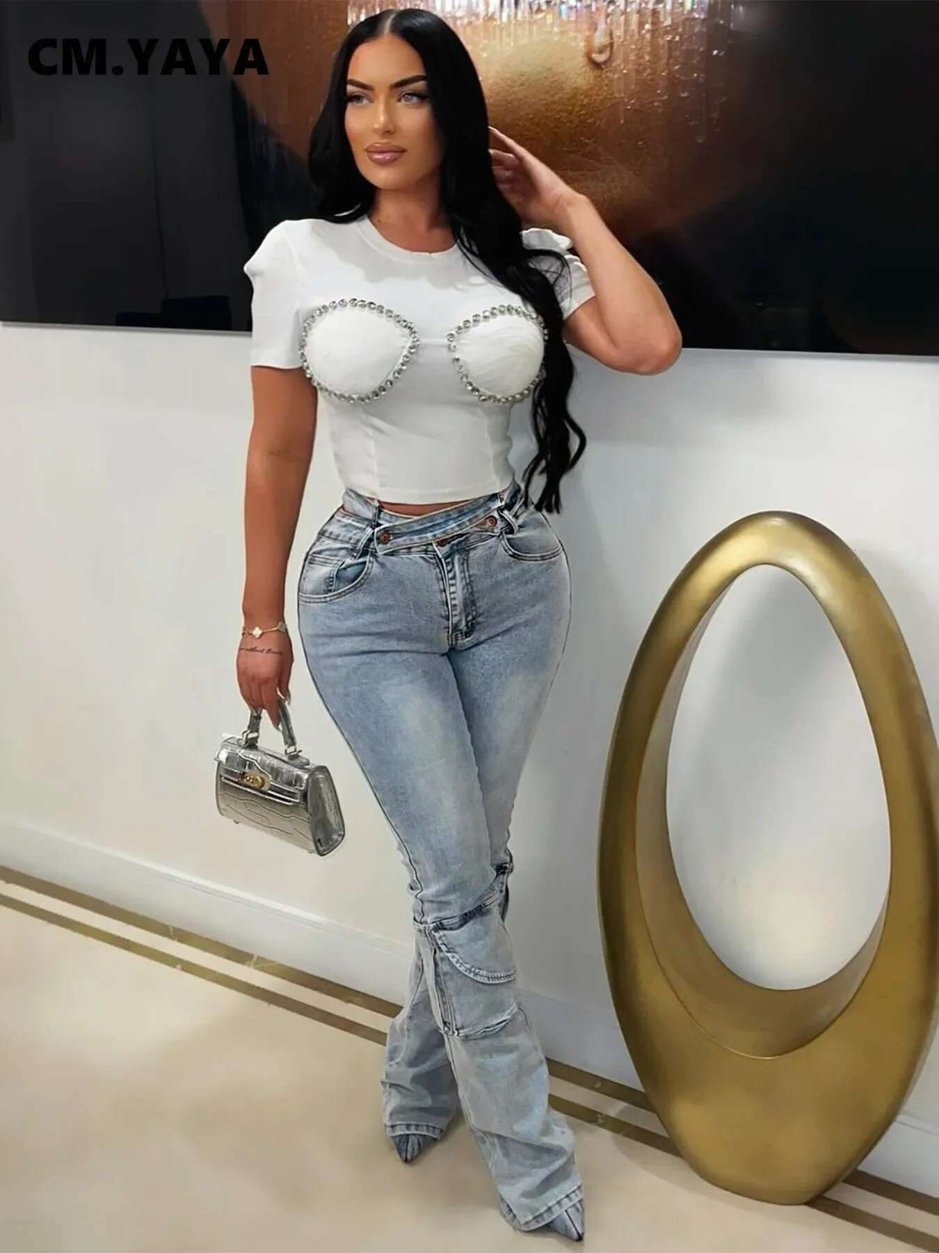 Cm.Yaya Women Streetwear Fashion Pocket Zipper Fly Denim Pants 2024 Washed Pencil Cross Waist Safari Style Cargo Wide Leg Jeans