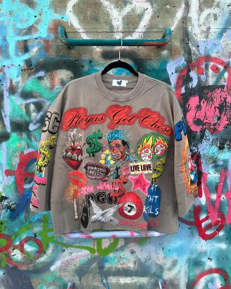 High Street Trend Harajuku Y2K Personalized Printed Loose T-shirt Men Retro Classic Punk Rock Casual Versatile Top Women 250324