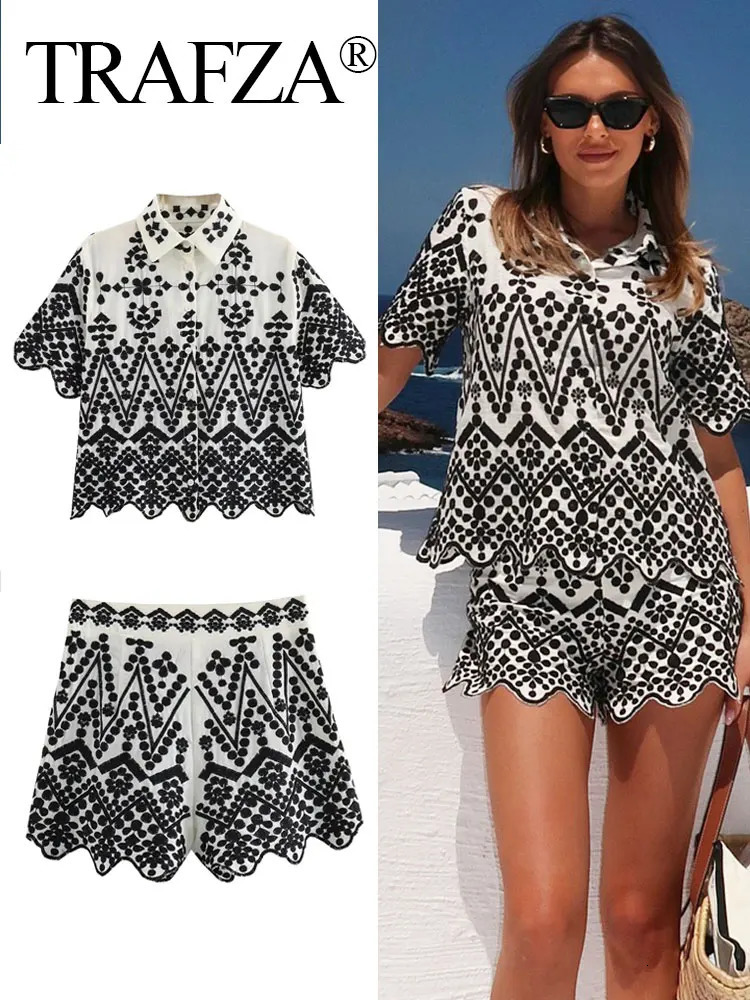 TRAFZA Womens Embroidered Shirt Shorts Set Flip Collar Short Sleeve Casual Side Zipper Street Clothing Y2K 250322