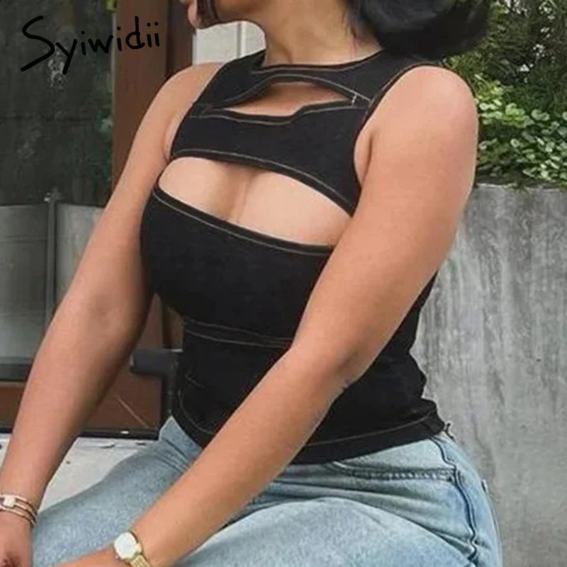 Syiwidii irregular hollow denim vest womens sleeveless O-neck ultra-thin vest summer sexy streetwear womens top 250320