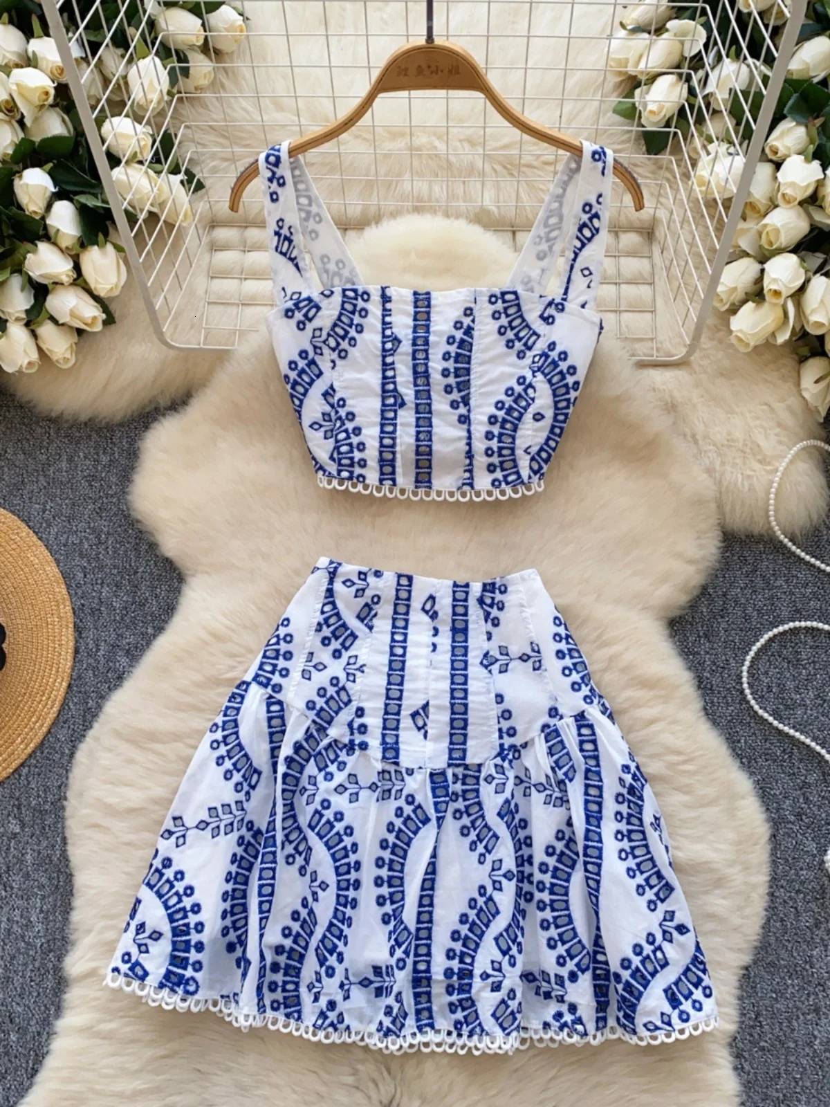 Holliday Midi Dress White Two Piece Sets Women Summer Crop Tops Short Skirts Suits Embroidery Hollow Out Beach Cotton Vestidos 250324