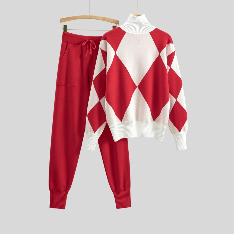 Fashion suit women's spring and autumn new casual knitted plaid sweater two-piece set European goods trend